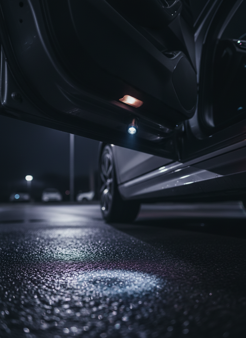The light mounted flush into the underside of an open car door sill at night, casting a soft pool of light onto the ground