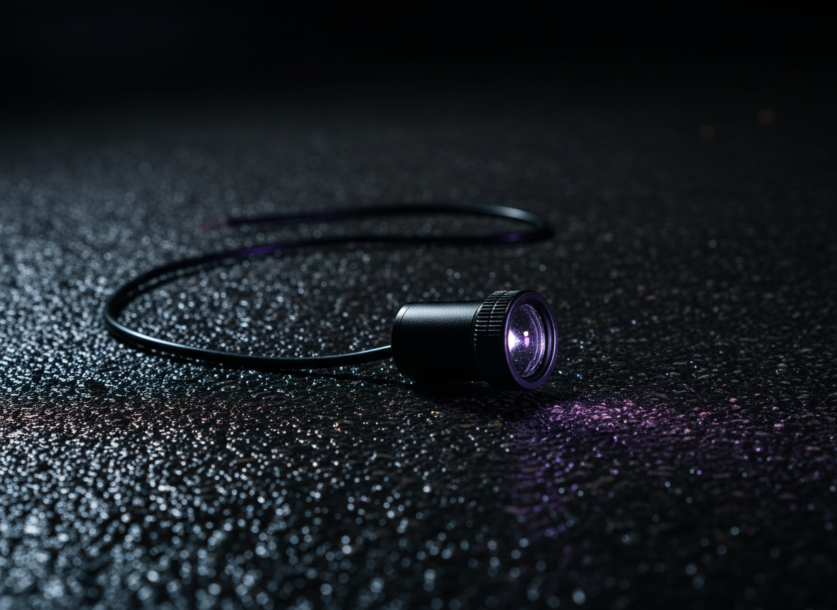 GLYPH door projection light: a small cylindrical black unit with a knurled collar and a thin wire lead, resting on wet asphalt at night