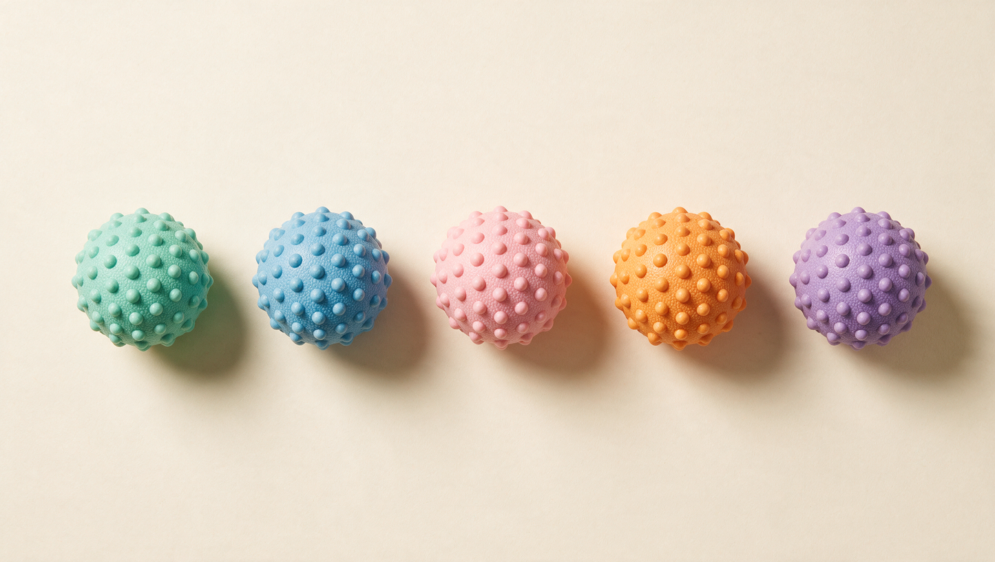 All five colors of the massage ball in a row: green, blue, pink, orange and purple