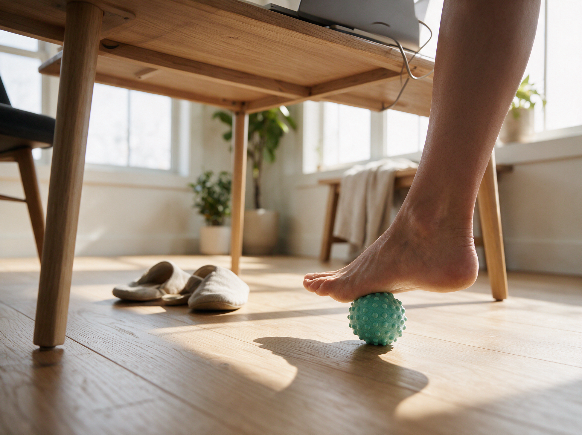 Rolling the massage ball underfoot at a home-office desk