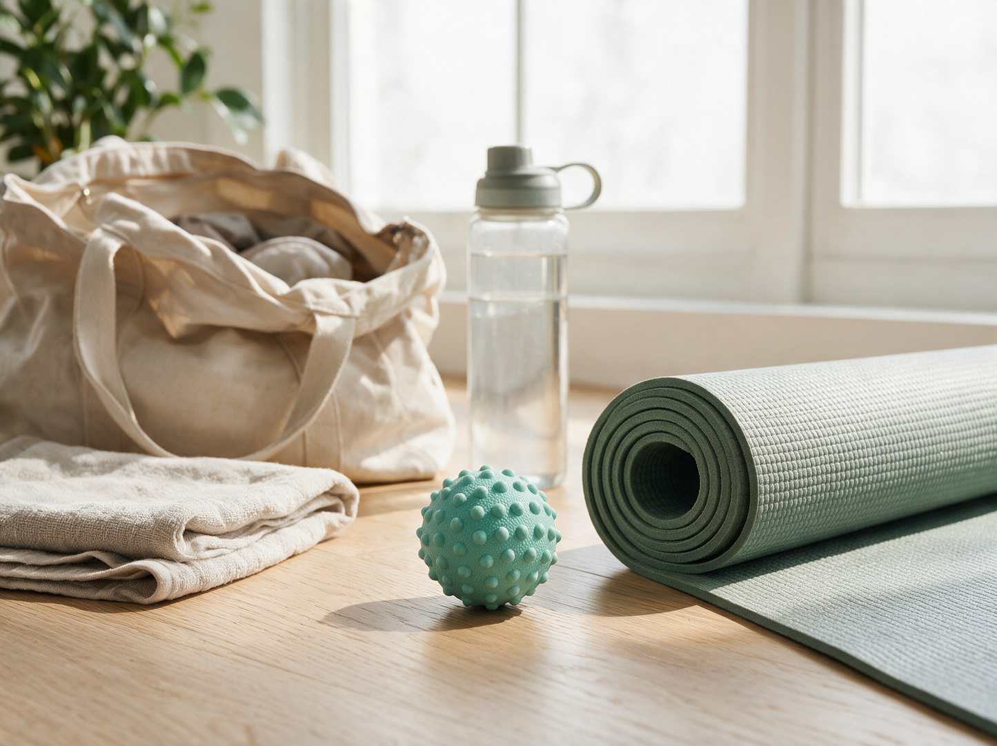 The massage ball beside a rolled yoga mat, gym tote and water bottle
