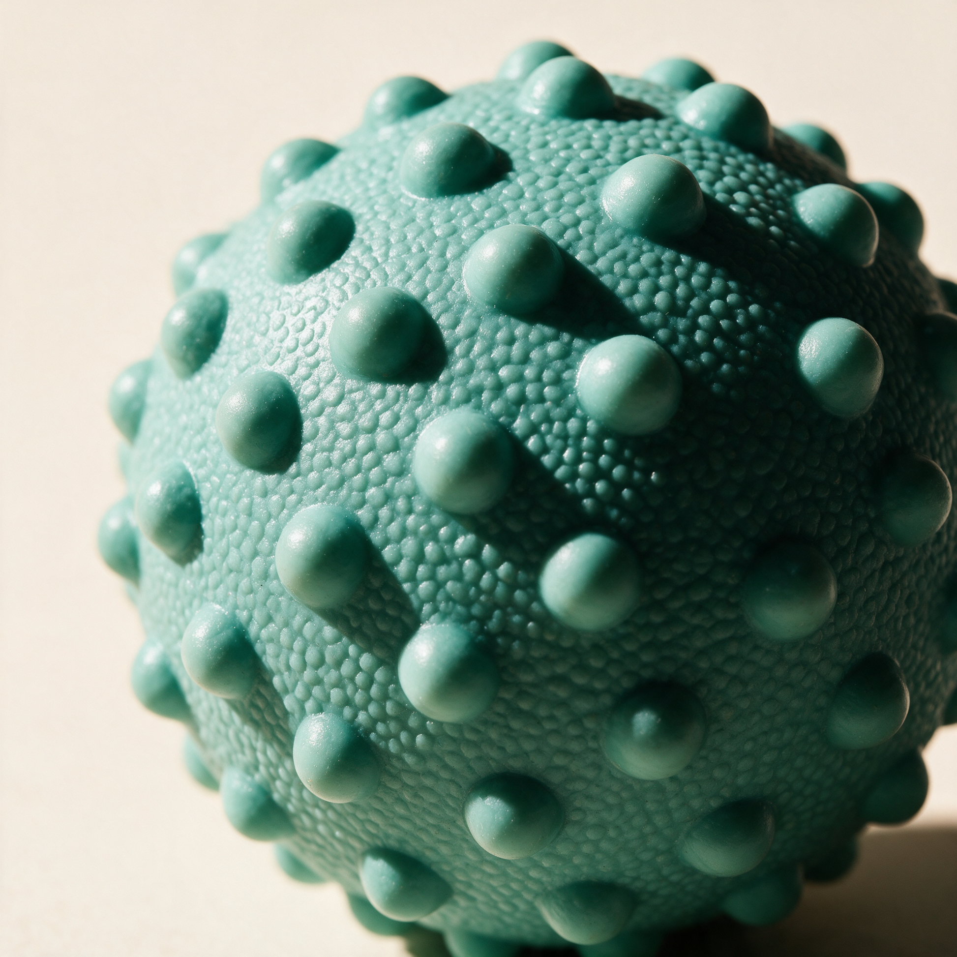 Close-up of the rounded nubs and pebbled texture on the mint massage ball