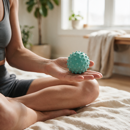 The massage ball held in an open palm, showing its size
