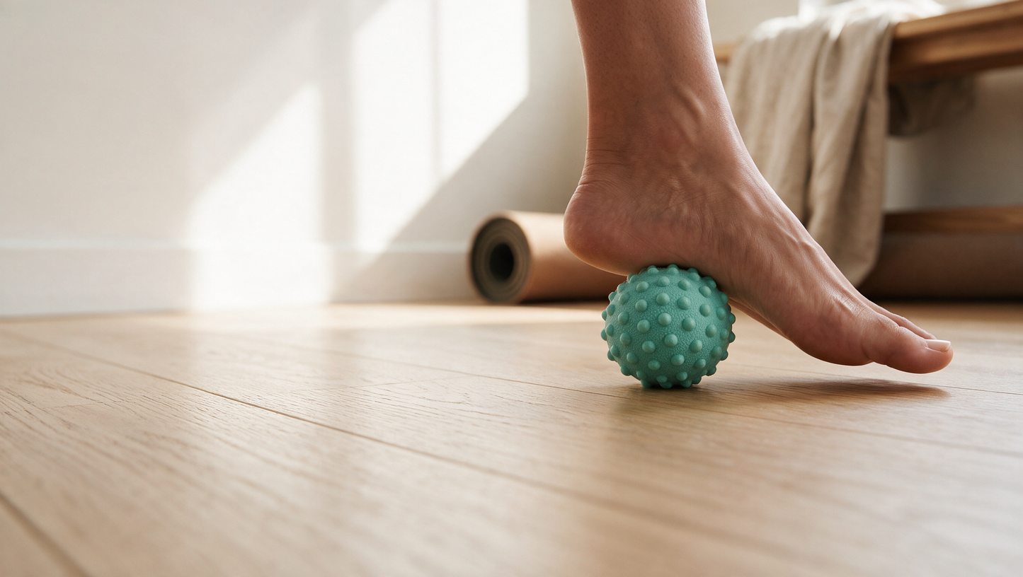 A bare foot resting on a mint-teal spiky massage ball on a pale oak floor