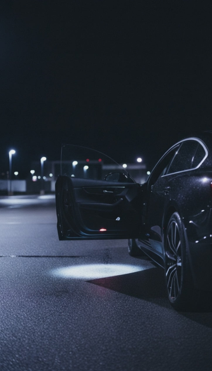 A dark car at night with the door open and a soft pool of light on the wet asphalt below the sill